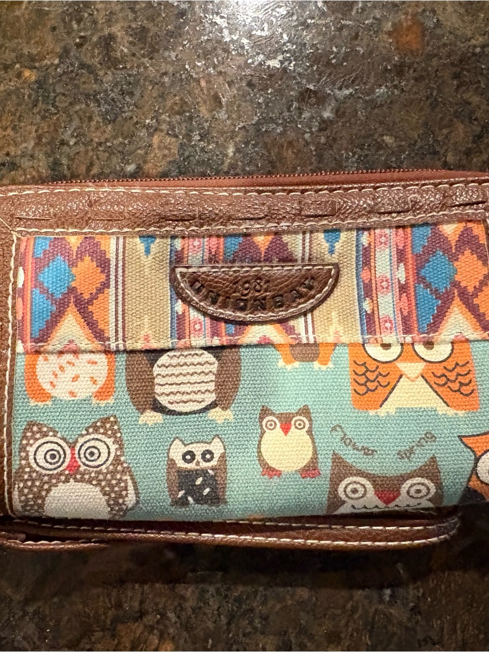UNIONBAY Owl Print Canvas Wallet in Teal, Orange & Brown